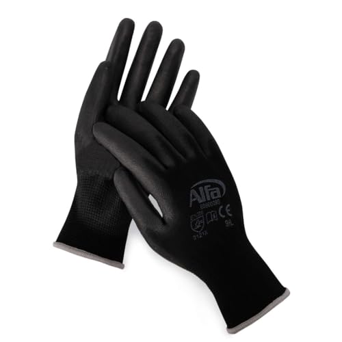 Alfa 24 Paar Malerhandschuhe schwarz Größe 11 - XXL Profi-Qualität PU-beschichtete Nylon-Feinstrickhandschuhe, gefühlsecht und sehr gutes Fingerspitzengefüh