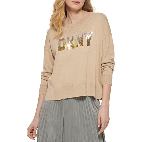 DKNY Damen Pailletten Langarm Pullover, Palamino Heather/Gold Ombre, X-Groß