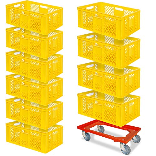 10 Eurobehälter, LxBxH 600x400x240 mm, Industriequalität, lebensmittelecht, gelb + 1 Transportroller, rot