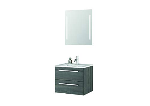 Sieper I Waschtisch mit Unterschrank 60 x 50 cm und Spiegel mit Beleuchtung, Badmöbel Set Libato I Pinie Schwarz