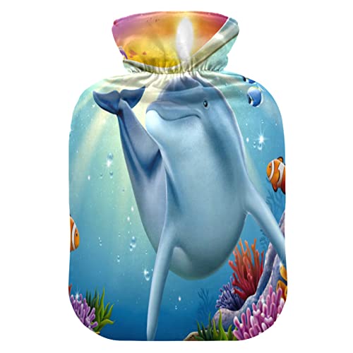 YOUJUNER Wärmflasche mit Süßer Delfin Bezug, Groß 2 Liter Heißwasserbeutel Heißwasserbeutel Bettflasche