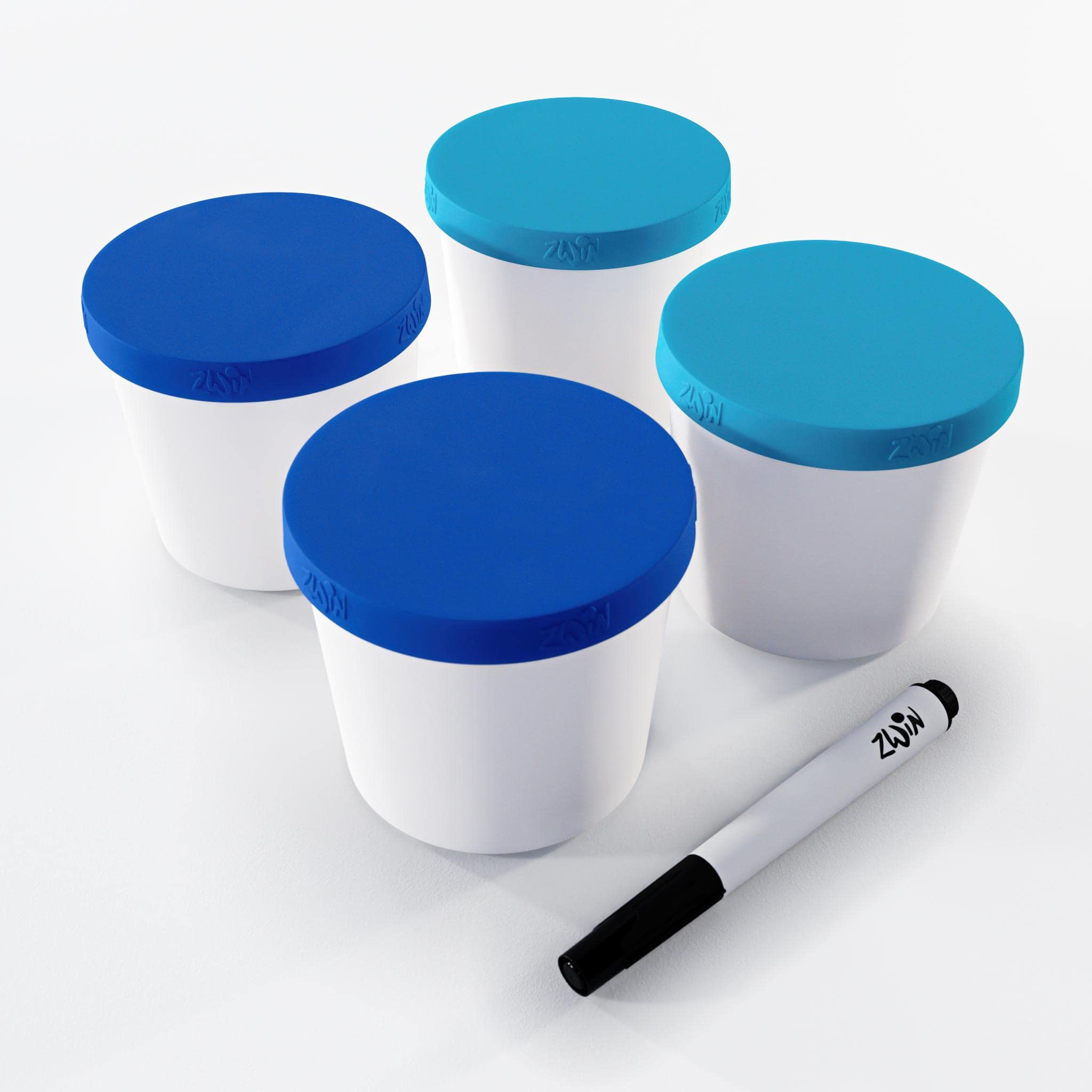 ZWIN® 4er-Set Eiscreme-Gefrierbehälter mit beschriftbarem Silikondeckel 250ml, Ideal für die Lagerung von Eiscreme, Babynahrung oder als Meal Prep Behälter - BPA frei