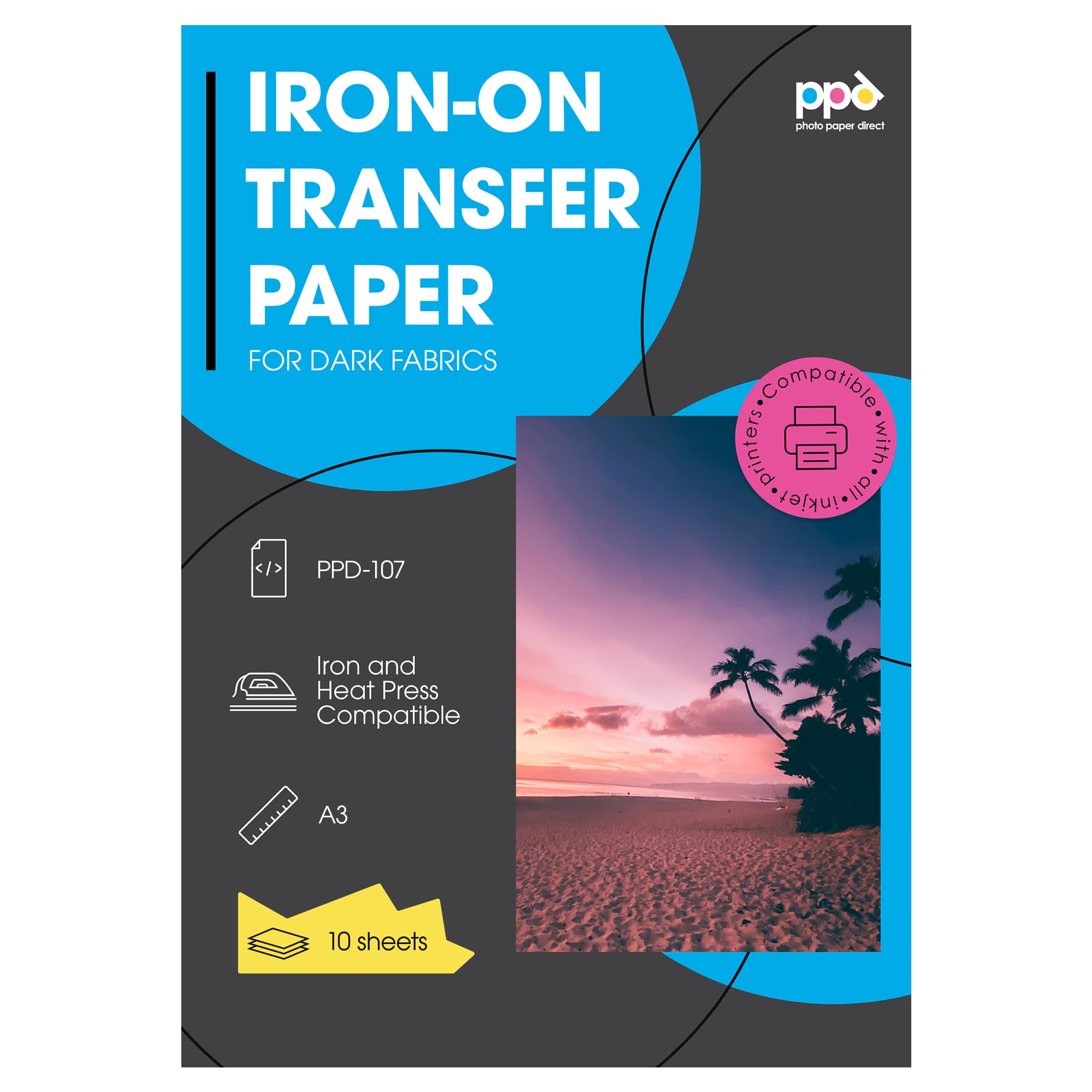 PPD 10 x A3 Inkjet Premium Transferpapier für Dunkles Textil, Bügeleisen, Transferpresse PPD-107-10