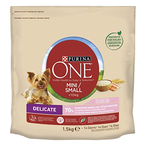 Purina One Mini < 10 kg Delicate Kroketten für kleine Hunde Lachs und Reis, 6 Packungen à 1,5 kg