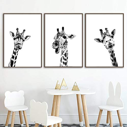 Bzdmly Schwarz Weiß Leinwand Poster Giraffe Safari Tiere Wandkunst Malerei Kinderzimmer Baby Giraffe Nordic Print Raumdekor 50x70cm / 19.7"x27.6 Rahmenlos
