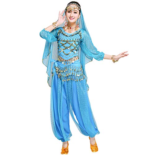 Haodasi Damen Frauen Bauchtanz Kostüm Halloween Karneval Indien Arabisch Tanzen Performance Outfits (Blau,Fit 45-70 KG)