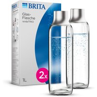 BRITA Glasflasche für sodaTRIO Wassersprudler (1l), 2er Pack Ersatzflaschen – leichte, elegante Wasserflaschen aus Glas im Duo-Pack/Sprudlerflaschen mit Verschluss aus poliertem Edelstahl