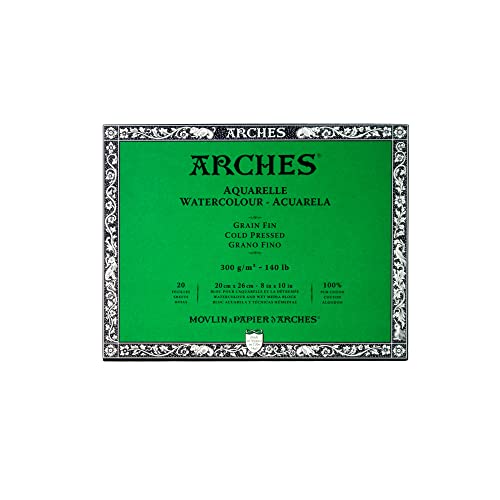 Arches 1711599 Aquarell Block, 20 Blatt Aquarellpapier in Naturweiß, 300g/m², hohe Farbechtheit, Alterungsbeständigkeit, Feinkorn, 20 x 26cm