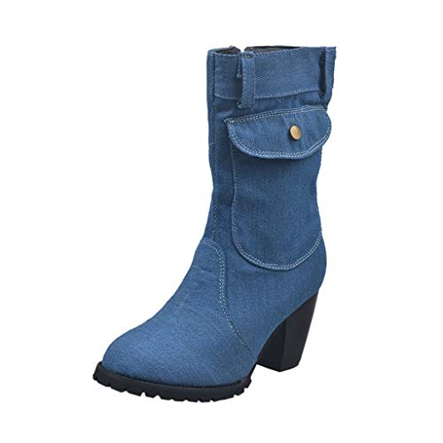 Damen Stiefeletten Worker Boots Warm Gefüttert Stiefel Damen Style Large High Heel Denim Mid-Tube (37,Blau)