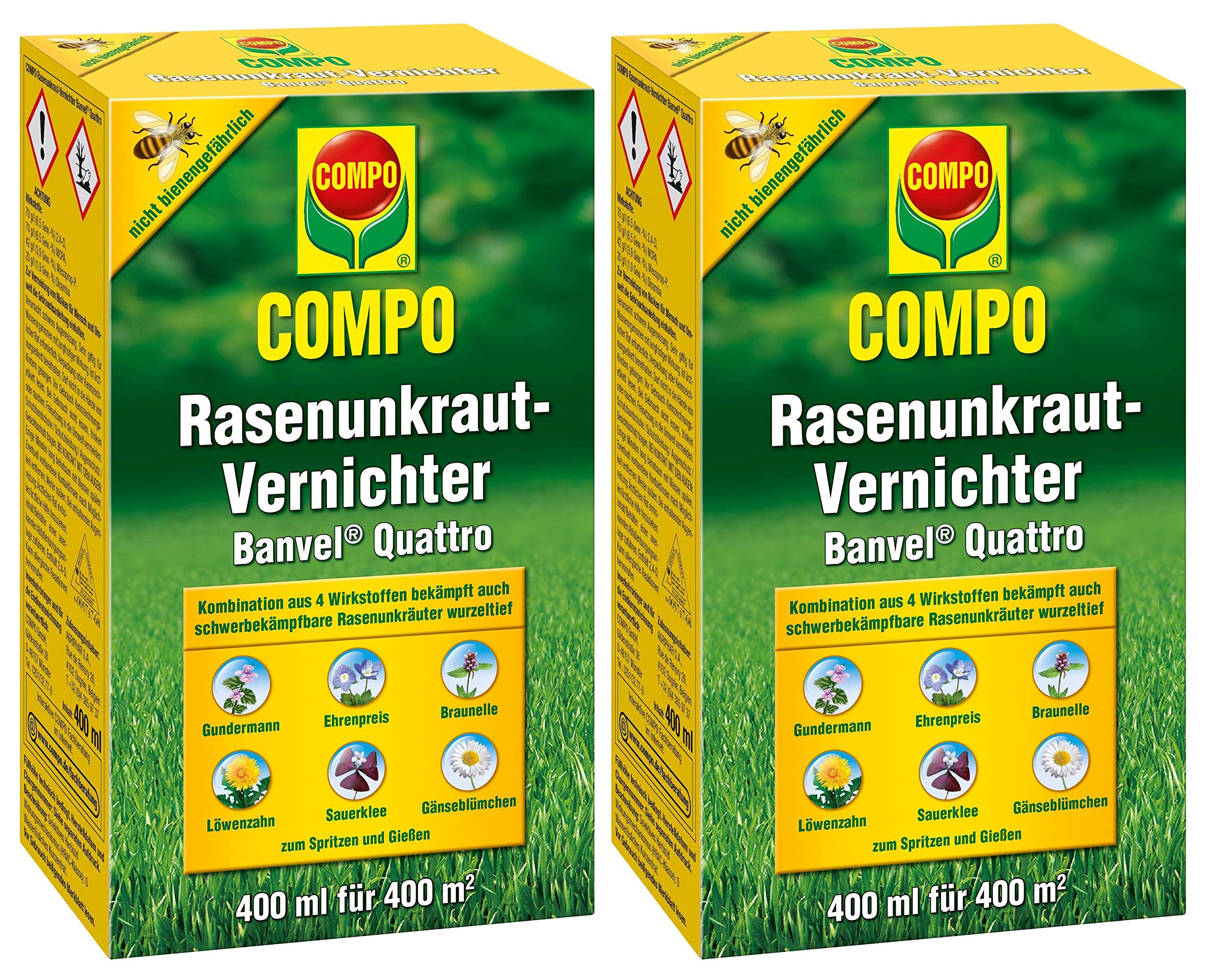 Compo Rasenunkraut-Vernichter Banvel Quattro, Bekämpfung von schwerbekämpfbaren Unkräutern im Rasen, Konzentrat, 800 ml (800 m²)