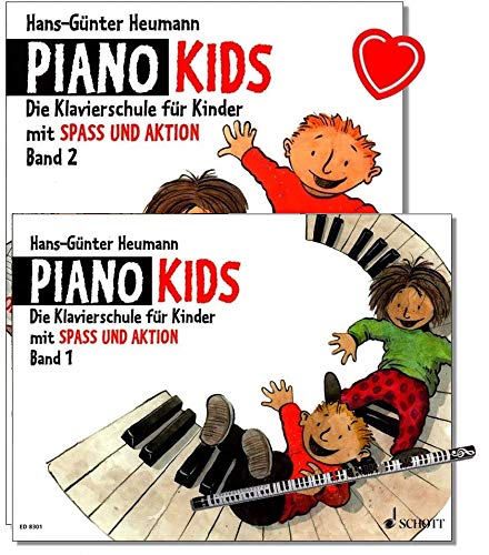 Piano Kids Band 1 und 2 - Klavierschule von Hans-Günter Heumann - Zwei Lehrbücher mit herzförmiger Notenklammer und Piano-Bleistift