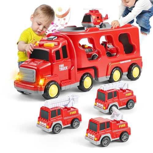 Weinsamkeit Spielzeug Auto ab 2 Jahren Feuerwehrauto Spielzeug für Kleinkinder 7 in 1 Kinder Transporter LKW Spielzeug mit Licht und Musik Weihnachten Geburtstagsgeschenke für Jungen Mädchen 2-5 Jahre