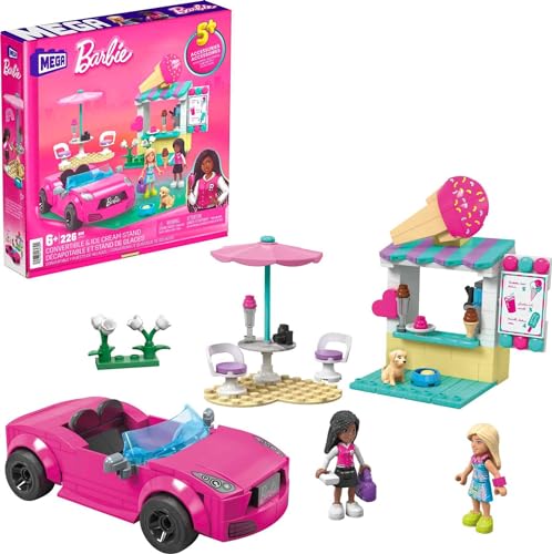 MEGA Barbie Autobauspielzeug Spielset, Cabrio & Eisständer mit 225 Teilen, 2 Mikropuppen und Zubehör, Pink, Geschenkideen für Kinder, HPN78