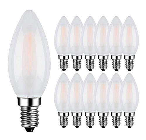 E14 Kerze LED Lampe für Kronleuchter, RANBOO, E14 Glühfaden Retrofit Classic, 4W ersetzt 40 Watt, 400 Lumen, 2700K Warmweiß, Filament Fadenlampe, Matt Glas, nicht dimmbar, 12er Pack