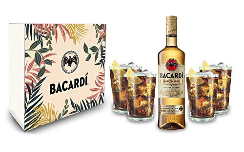 Bacardi Geschenkset - Bacardi Carta Oro Gold Rum 0,7l (40% Vol) + 4er Set Gläser - Longdrink Glas- [Enthält Sulfite]