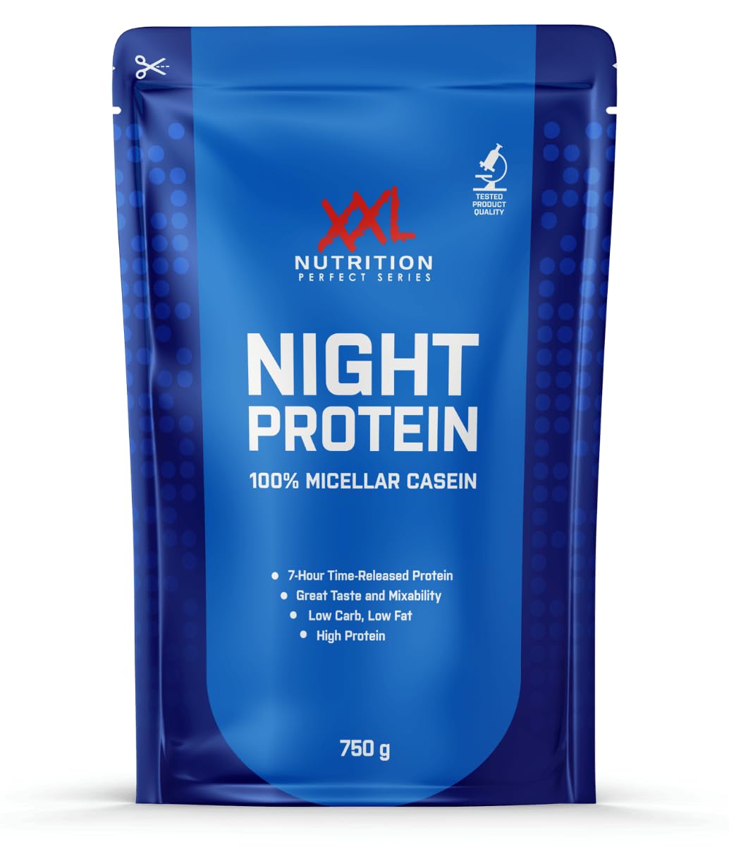 XXL Nutrition - Night Protein - 100% Micellar-Casein Protein Pulver, 87,2% Proteingehalt, Eiweißabgabe über 8 Stunden, Hochwertiges Kasein - Beutel 750 Gramm - Schokolade