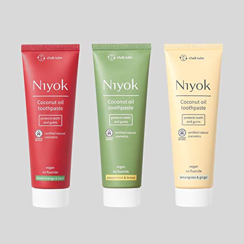 Niyok natural cosmetics: natural coconut oil toothpaste I WITHOUT fluoride and aluminium I for sensitive teeth and gums | VEGAN | 3 x 75 ml I sustainable chalk tube