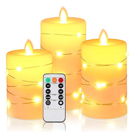 HIYAA LED Kerzen, LED Kerzen mit eingebetteter Lichterkette, 3 Pack batteriebetriebene Kerzen mit Fernbedienung, 24-Stunden-Timer-Funktion, tanzende Flamme, echtes Wachs