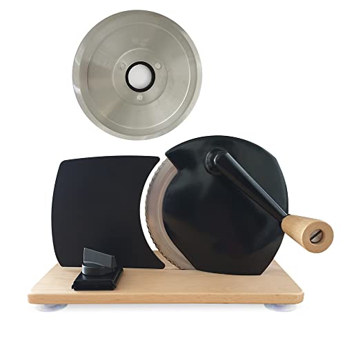Jupiter Küchenmaschine manueller Allesschneider mit Kurbel und Holzplatte schwarz + glattes Messer