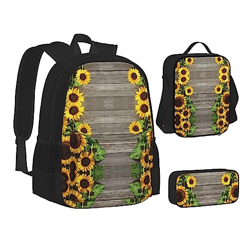 FRGMNT Spring Dogwood Blüten Rucksack Schule Büchertaschen Set Lunchtasche Federmäppchen Schulrucksäcke für Teen Mädchen Jungen, Holzbrett mit Sonnenblumen, Einheitsgröße, Schulrucksack