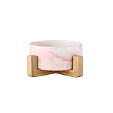 Futternäpfe für Hunde und Katzen aus Keramik mit Halterungen aus Bambus, Schalen aus Keramik mit Holzhaltern (Einzelbett 15,5 cm, rosa Marmor)