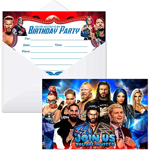 MNSWR 16 Stück Wrestling Geburtstag Einladungskarten mit Umschlägen für Jungen Partyzubehör, Wrestling Geburtstag Dekorationen