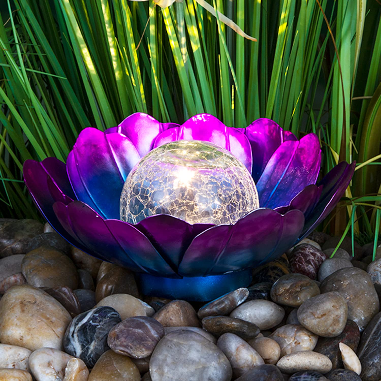 INDA-Exclusiv Schöne Solar LED Lotusblüte Tischlampe Solarleuchte Solarlampe Tischleuchte Tischdeko Glas Ø25xH10cm