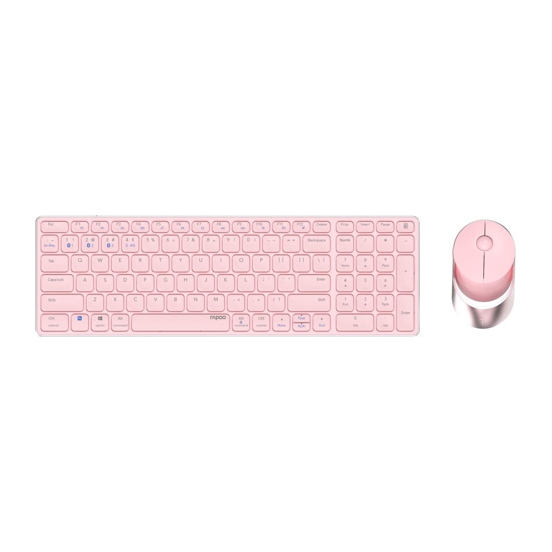 Rapoo 9750M kabelloses Tastatur-Maus Set Wireless Deskset 1600 DPI Sensor wiederaufladbarer Akku flaches Aluminium Design DE-Layout QWERTZ PC & Mac - pink