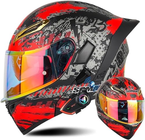 Bluetooth Full Face Motorrad Helme, Motorrad Street Helm Mit Doppel Visier, ECE Genehmigt Moped Street Bike Racing Crash Helm Für Erwachsene Männer Frauen A,XL/{61~62cm}