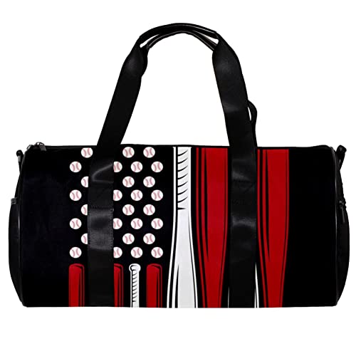 Runde Sporttasche mit abnehmbarem Schultergurt Amerikanische Flagge Baseball Training Handtasche Übernachtungstasche für Damen und Herren, mehrfarbig, 45x23x23cm/17.7x9x9in