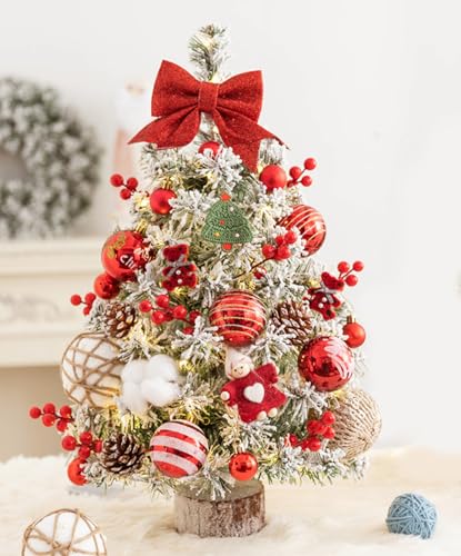 EXQUILEG Künstlicher Mini Weihnachtsbaum, 45cm/60cm Tischplatte Weihnachtsbaum, Kleiner Tannenbaum Für Tisch Mit LED-Lichterketten Und Sieben Dekorationen (Rot,60cm)