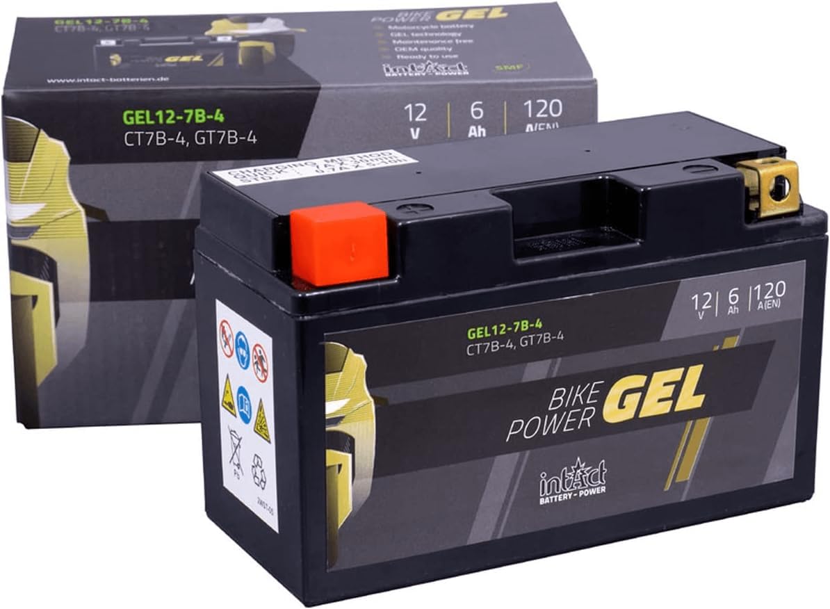 intAct - GEL MOTORRADBATTERIE | Batterie mit +30% Startleistung. Für Roller, Motorrad, Quad | Bike-Power GEL12-7B-4, CT7B-4, GT7B-4, 12V Batterie, 6 AH (c20), 120 A (EN) | Maße: 150x65x94mm