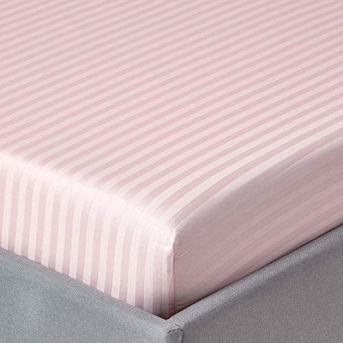 HOMESCAPES Spannbettlaken/Spannbetttuch 140 x 200 cm rosa mit Satin-Streifen – 100% Reine ägyptische Baumwolle Fadendichte 330