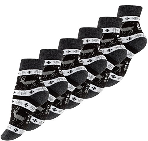 6 Paar Damen Thermo-Socken mit Innenfrottee, Winter Socken im Noweger Design, schwarz