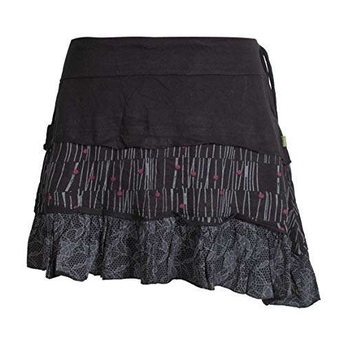 Vishes - Alternative Bekleidung - Asymmetrischer Damen Baumwollrock mit Rüschen Taschen und Blümchen schwarz 46