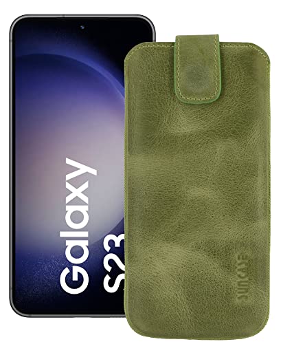 Suncase ECHT Ledertasche Leder Etui *Slim-Edition* kompatibel mit Samsung Galaxy S23 5G Hülle (mit Rückzugsfunktion und Magnetverschluss) in antik-Kiwi grün