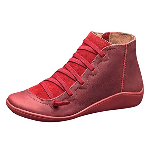 Yowablo Damen Kurzschaft Stiefel Lässige Flache Retro-Schnürstiefel aus Leder mit seitlichem Reißverschluss und runder Schuhspitze (40 EU,4- rot)
