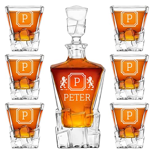 Maverton 950 ml Whiskykaraffe + 6er Whisky Gläser Set mit Gravur - Whiskey Dekanter - luxuriöses Design - Kristallglas - für Männer - zum Geburtstag - Monogramm