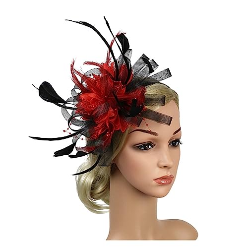 Fascinator-Hut, Feder-Blumen-Kopfschmuck, Braut-Kopfbedeckung, Netz-Zylinder, Jockey-Club-Haarschmuck, Stirnband und Haarnadel (Color : Red and black, Size : 1)