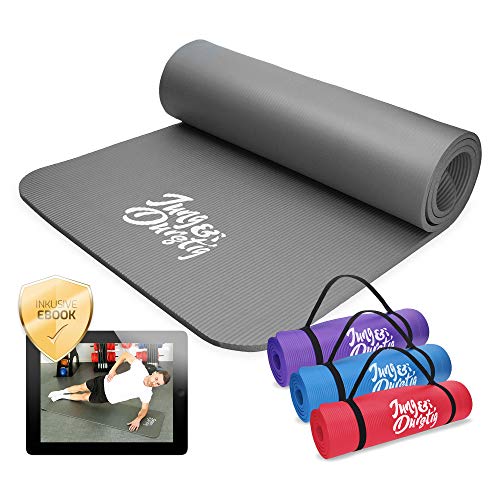 Jung & Durstig Original Yogamatte mit Tragegurt | Gymnastikmatte inklusive Übungen | Sportmatte mit Ebook Workout | Fitnessmatte rutschfest | 180 x 60 x 1 cm | Grau