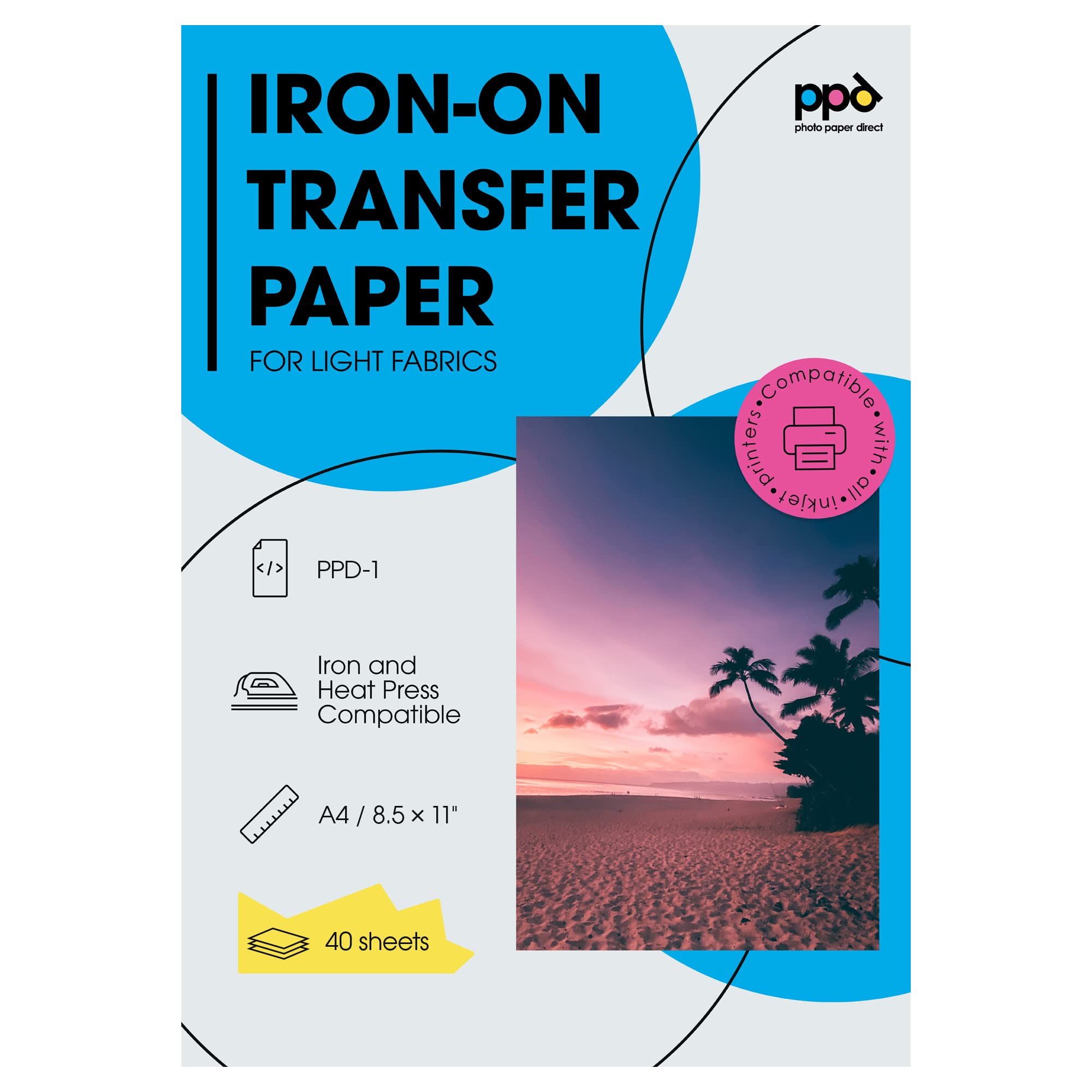 PPD 40 x A4 Inkjet Premium Transferpapier für helles Textil, Bügeleisen und Transferpresse PPD-1-40