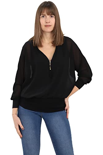 Malito Damen Bluse im Fledermaus Look | Tunika mit Zipper | Kurzarm Blusenshirt mit breitem Bund | Elegant - Shirt 6297 (schwarz)