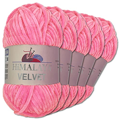 Wohnkult Himalaya 5 x 100 g Velvet Dolphin Wolle 40 Farben zur Auswahl Chenille Strickgarn Glanz Flauschgarn Accessoire Kleidung (90009 | Pink)