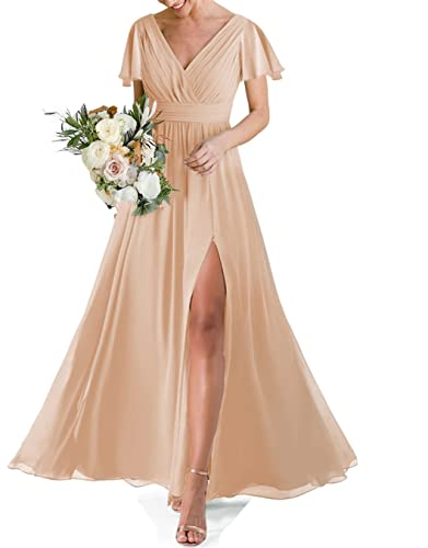 HPPEE Hochzeit Brautjungfer Kleid für Frauen Doppelter V-Ausschnitt Kurzarm Formelles Abendkleid mit Schlitz, pfirsich, 40