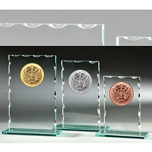 eberin · Dart Pokal mit Gravur · Darts Pokale aus Glas · Dekor Dartpfeil Dartscheibe · Gold · Silber · Bronze · Dartspieler Ehrenpreis · in 3 Größen oder als 3-er Set