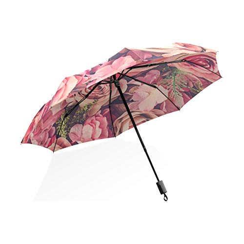 ISAOA Automatischer Reise-Regenschirm, kompakt, faltbar, Kunststoff, Rosen, wahre Liebe, winddicht, ultraleicht, UV-Schutz, Regenschirm für Damen und Herren