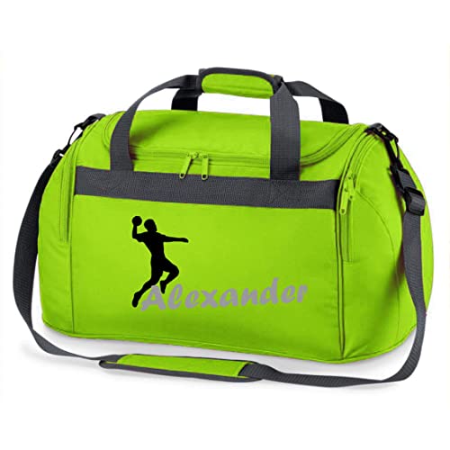 Sporttasche mit Namen Bedruckt für Kinder | Personalisierbar mit Motiv Handball | Reisetasche Duffle Bag für Mädchen und Jungen | Handballspieler Sport (grün)