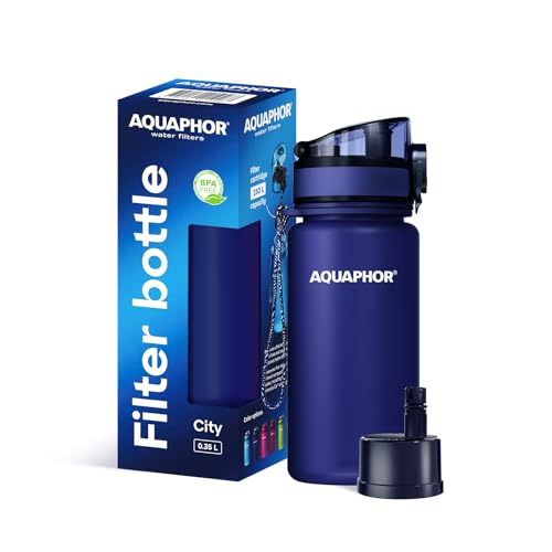 AQUAPHOR City Filterflasche 350ml Navy I Flasche mit Wasserfilter für unterwegs I Filter mit Aktivkohle I Filtert Chlor I Aus Tritan & BPA-frei I Für besseren Geschmack & Geruch des Wassers