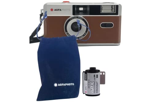 AgfaPhoto analoge 35mm Kleinbildfilm Foto Kamera braun im Set: Schwarz/Weiß Bilder Film + Batterie