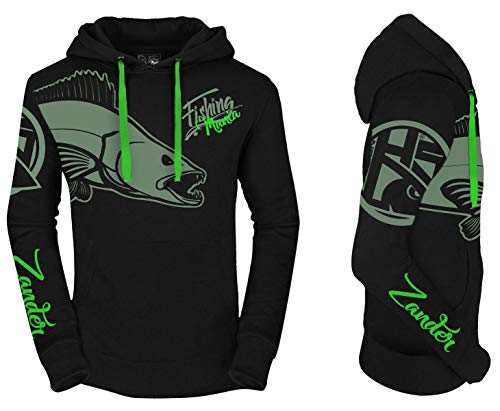 HOTSPOT DESIGN Hoodie Fishing Mania Zander, schwarz, Gr. M, Kapuzensweater Fuer Angler, 010300602